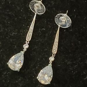 Premier Designs silvertone dangle earrings with pear shaped clear rhinestones